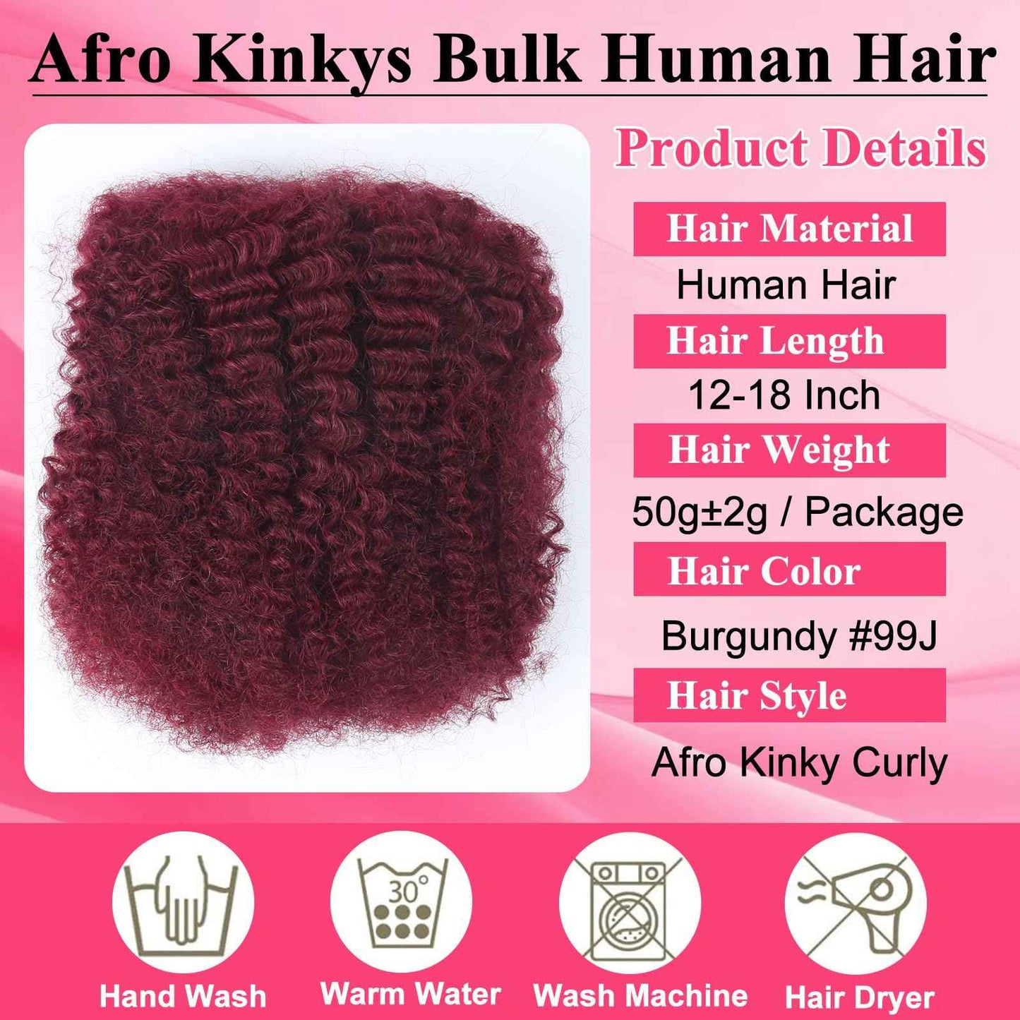 Afro Kinkys Bulk Human Hair for Braiding Burgundy Afro Kinky-Curly Human Hair Bulk for Twist 16 Inch 50g/Bundle 99J No Weft 4c Kinky Curly Bundles for Braids Micro Locs Dreadlock Extensions