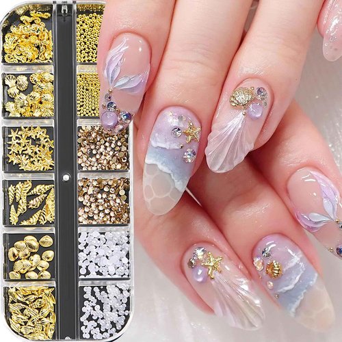 Jremg Summer Nail Charms 3D Steel Studs Metal Art Charms Seashell Starfish Gold Nail Rhinestones Pearls Ocean Theme Designs 12 Grids