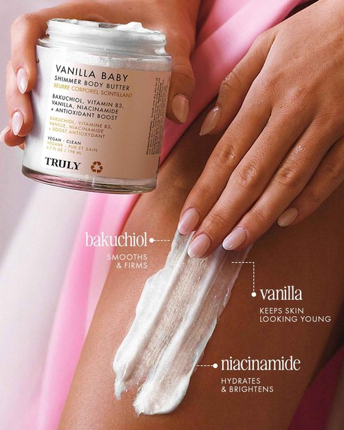 Truly Beauty Vanilla Baby Shimmer Body Butter | Smoothing & Firming Body Moisturizer with Bakuchiol & Niacinamide | Softens, Plumps & Illuminates Skin | Pearlescent Glow & Sweet Vanilla Scent
