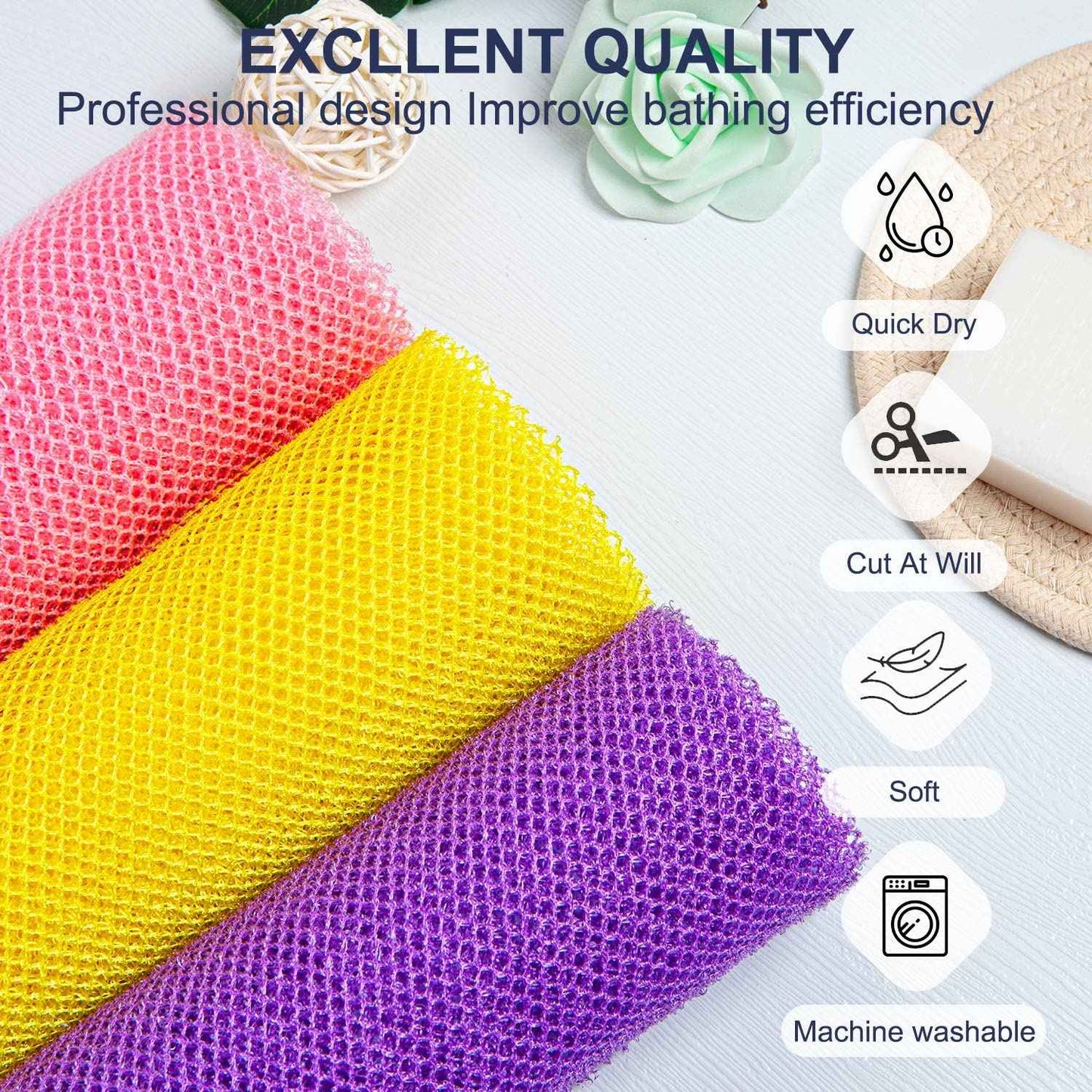 GIGULES, 3 Pieces African Net Bath Sponge African Exfoliating African Scrubbing Long Net Rag African Wash Net Shower Body Scrubber, Yellow Pink Purple