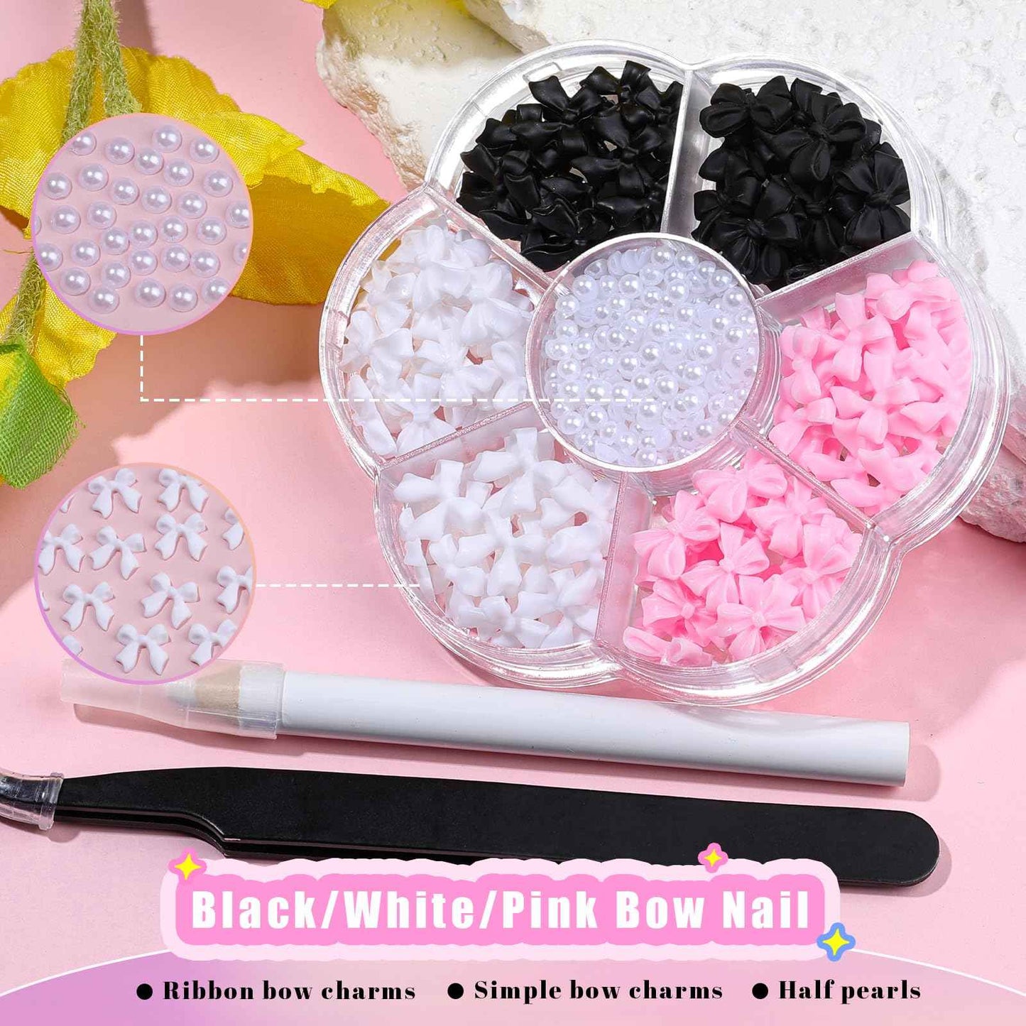 Kikonoke 420PCS Bow Nail Charms Kit with Half Pearls, 3D Acrylic Nail Gems Rhinestones, Pickup Tools for Nail Art Design, DIY Crafts, Valentine Gifts