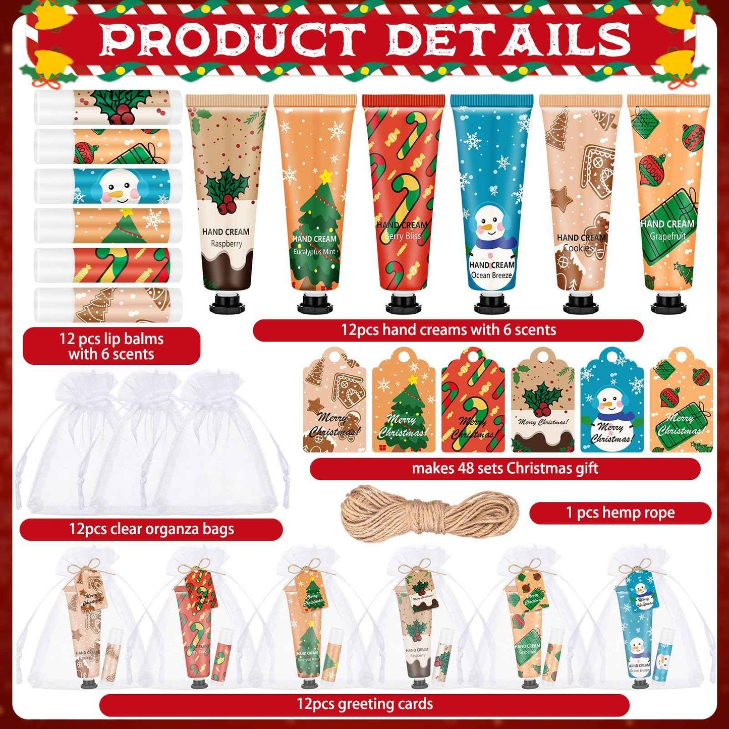 Loopeer 12 Sets/48 Pcs Christmas Hand Cream and Lip Balm Gift Set for Women Bulk Mini Hand Lotion Travel Size for Dry Skin Stocking Stuffers with Greeting Card Organza Bags for Coworker Employee