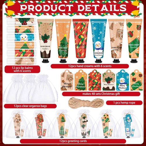 Loopeer 12 Sets/48 Pcs Christmas Hand Cream and Lip Balm Gift Set for Women Bulk Mini Hand Lotion Travel Size for Dry Skin Stocking Stuffers with Greeting Card Organza Bags for Coworker Employee