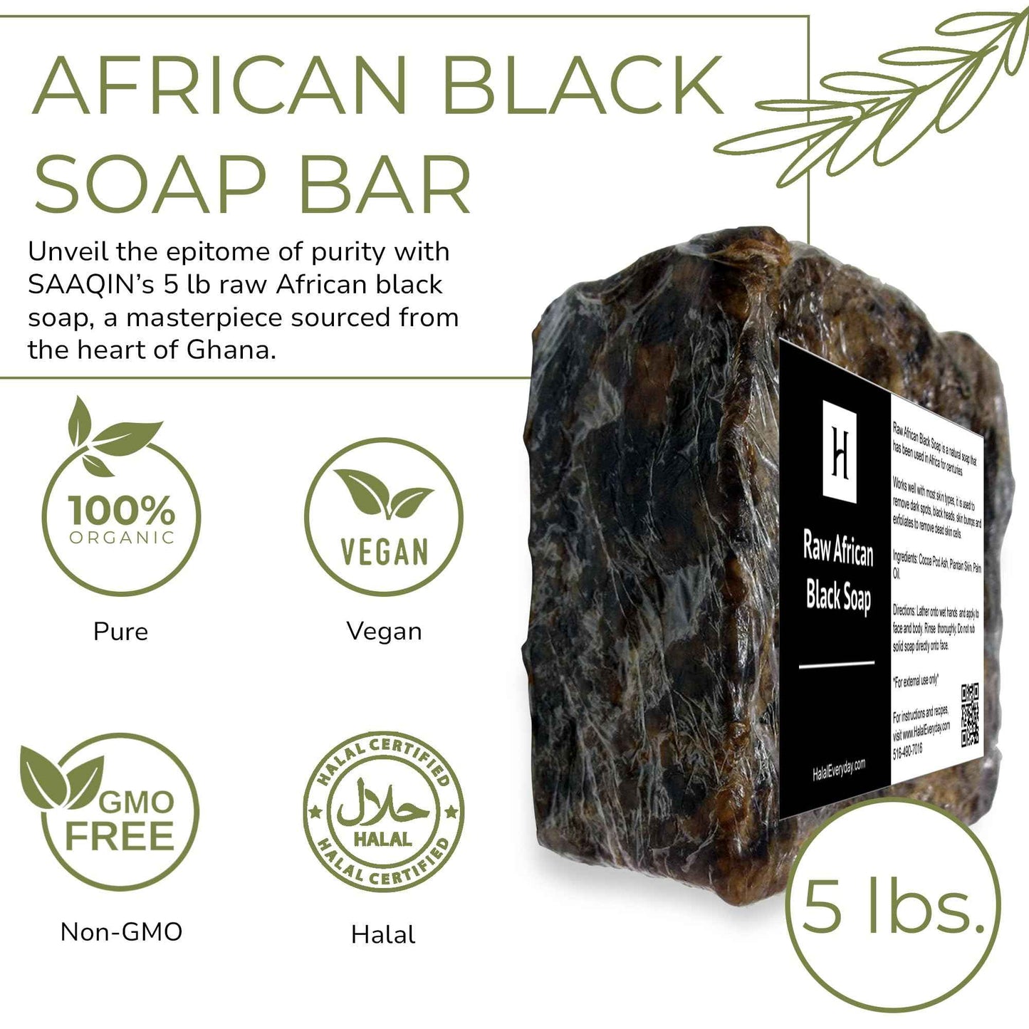 SAAQIN - Raw African Black Soap for All Skin Types, Black Soap Ideal for Acne, Wrinkles, Make-Up Removal, Hair & Body, Natural Glycerin Black African Soap, African Black Soap Bar from Ghana, 5 Lbs