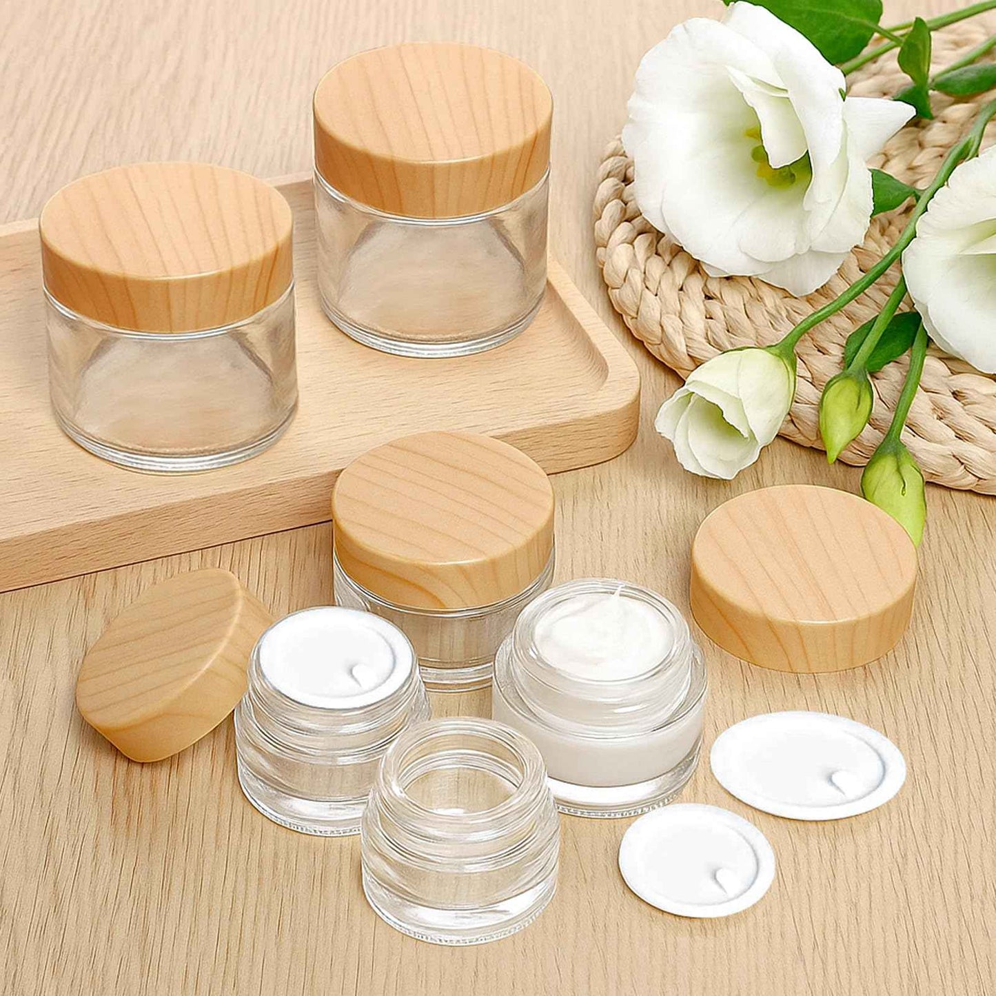 Bumobum 6-Pcs Glass Cosmetic Jars with Plastic Wood-Grain Lids – Refillable Travel Jars for Creams, Lotions, Skincare & DIY (15ml/30ml/50ml)