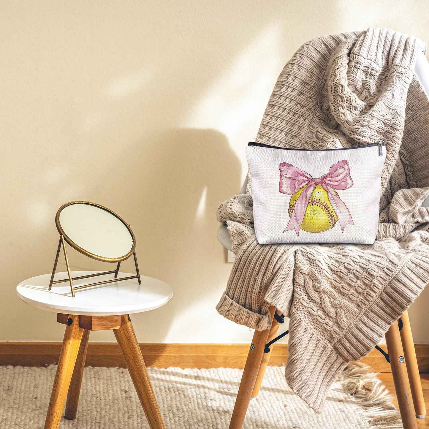 Zomhix Softball Bow Makeup Bag - Softball Gifts for Women Softball Lovers Softball Mom Team, Softball Accessories for Girls, Pink Bow Softball Stuff for Women