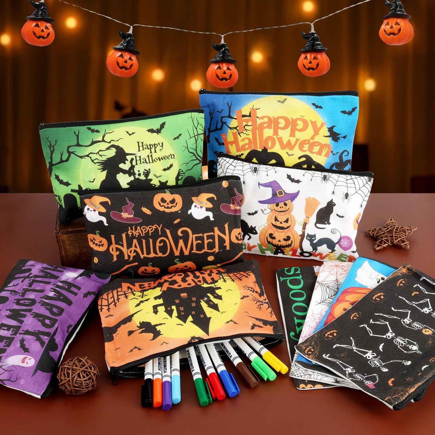 HSDSH 30Pcs Halloween Makeup Bag Cute Halloween Cosmetic Bag with Zipper Pumpkin Travel Toiletry Pouch Bag Organizer Halloween Party Gifts Supplies for Women