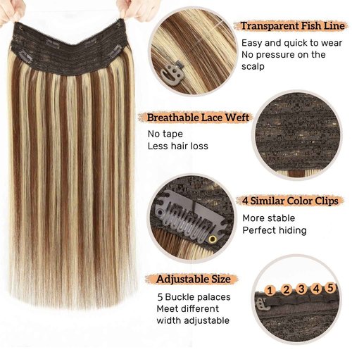 Wire Hair Extensions Real Human Hair One Hairpiece for a Full Head with Invisible Fish Line Brown Highlighted Golden Blonde 14 Inch 80g #4/613 Fish Wire Hair