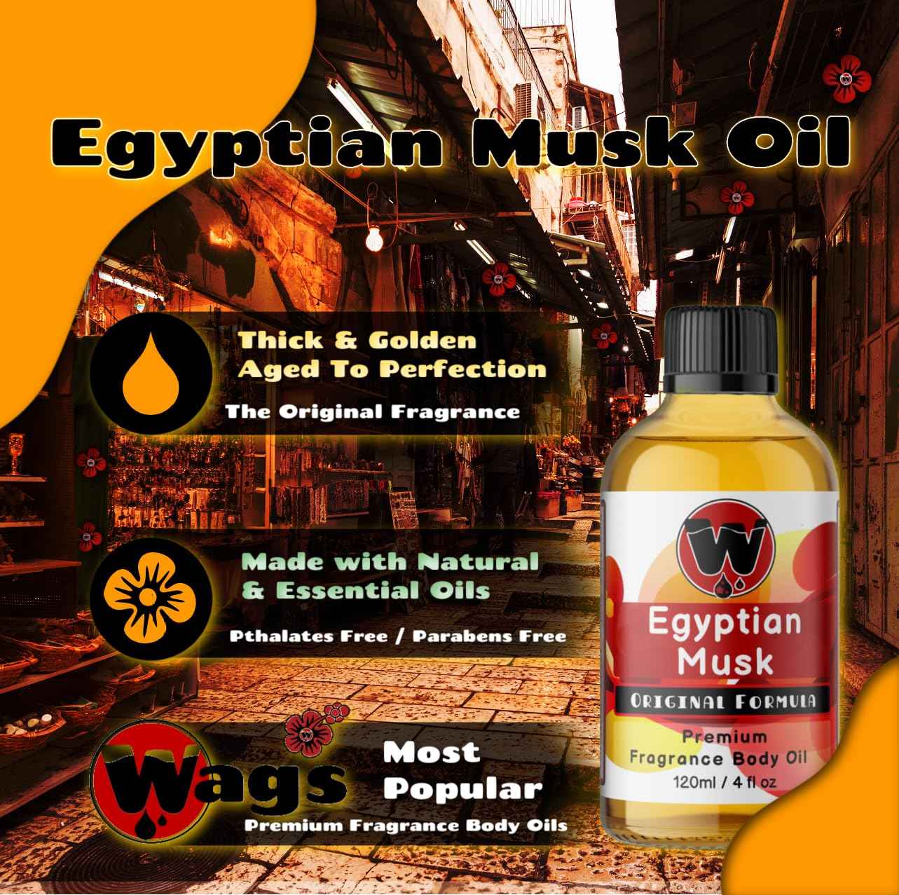 WagsMarket Egyptian Musk Oil, Choose from Roll On to 1oz - 4oz Glass Bottle, (4oz Glass Bottle)
