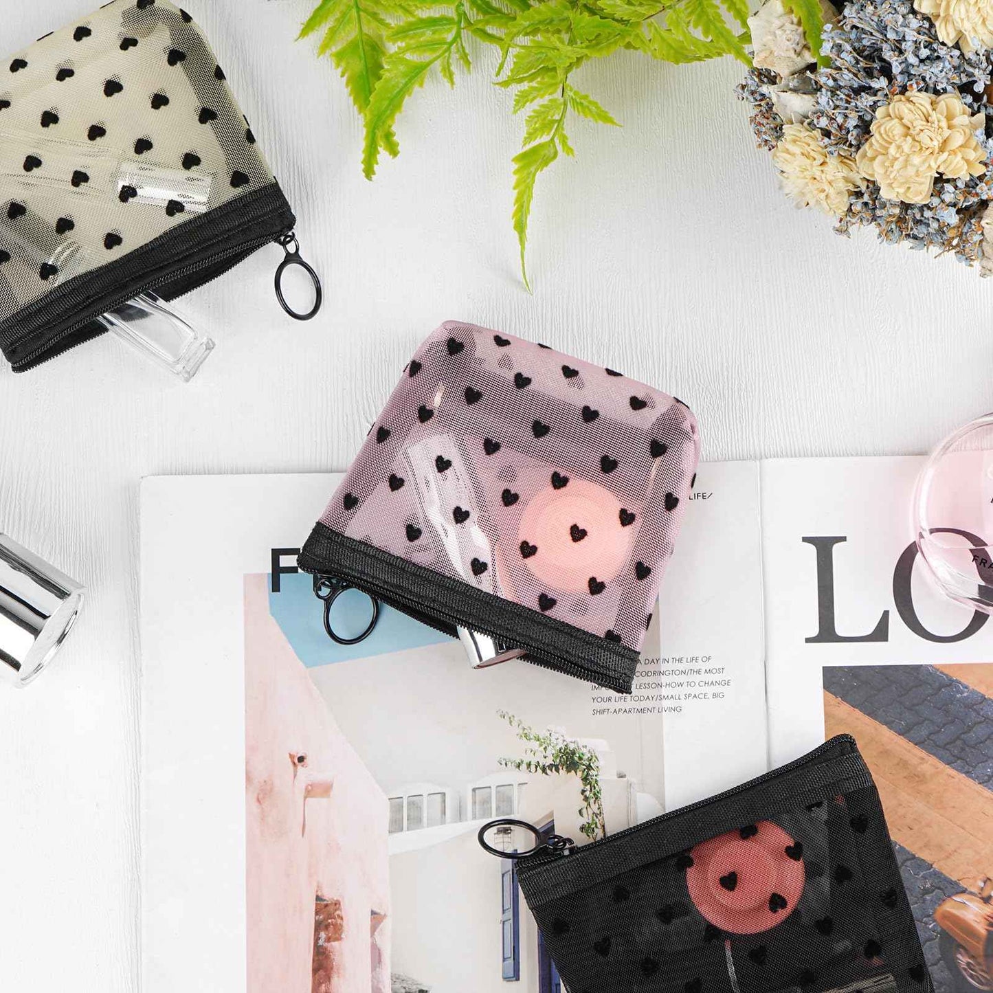 Adorila 6 Pack Mini Mesh Makeup Bags, Heart Print Zipper Mesh Storage Pouch, Travel Cosmetic Accessories Organizer for Women (Black, Beige, Pink)