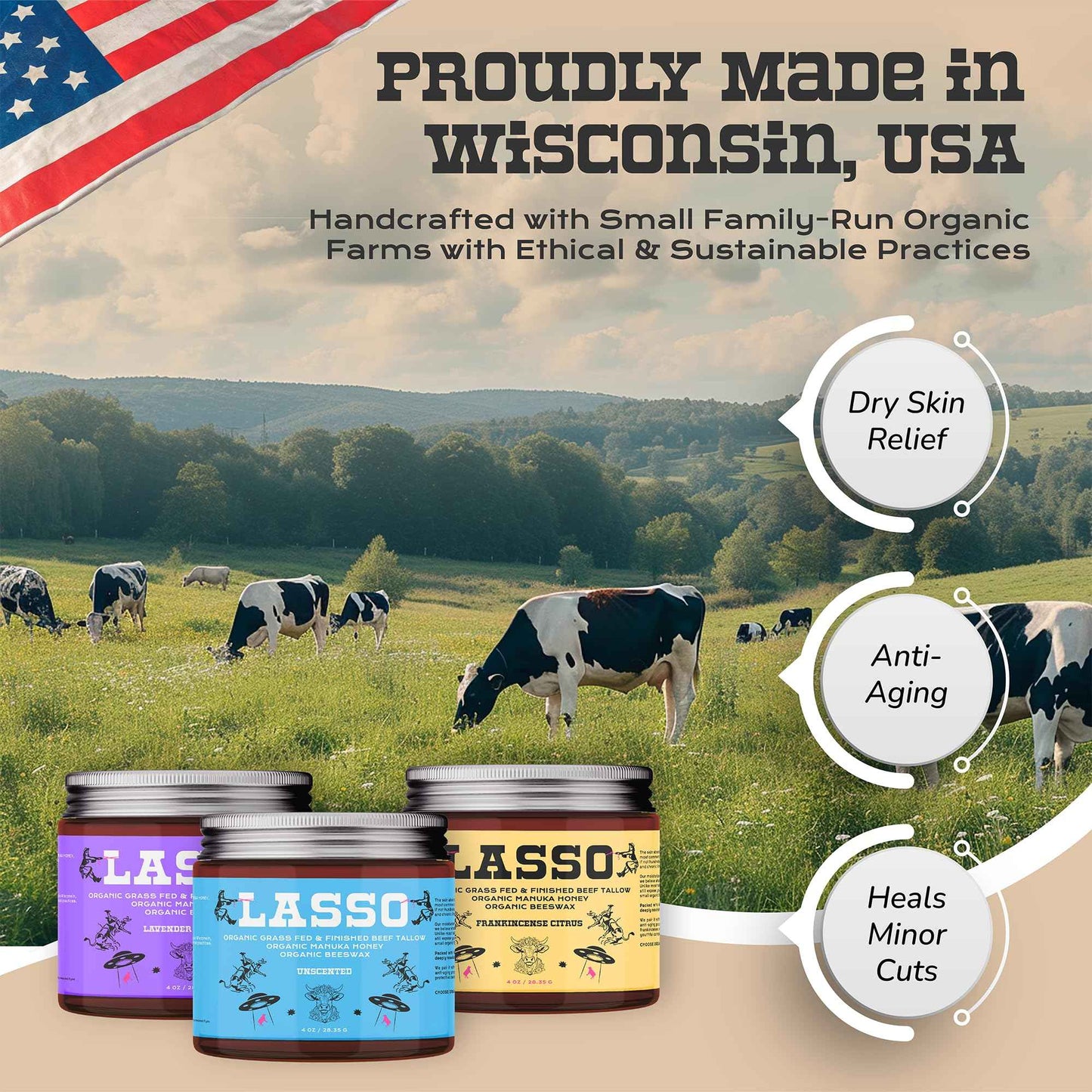 LASSO Beef Tallow Face Moisturizer with Grass-Fed/Finished Beef Tallow for Skin, Organic Manuka Honey and Beeswax, Unscented and Manuka Honey Balm