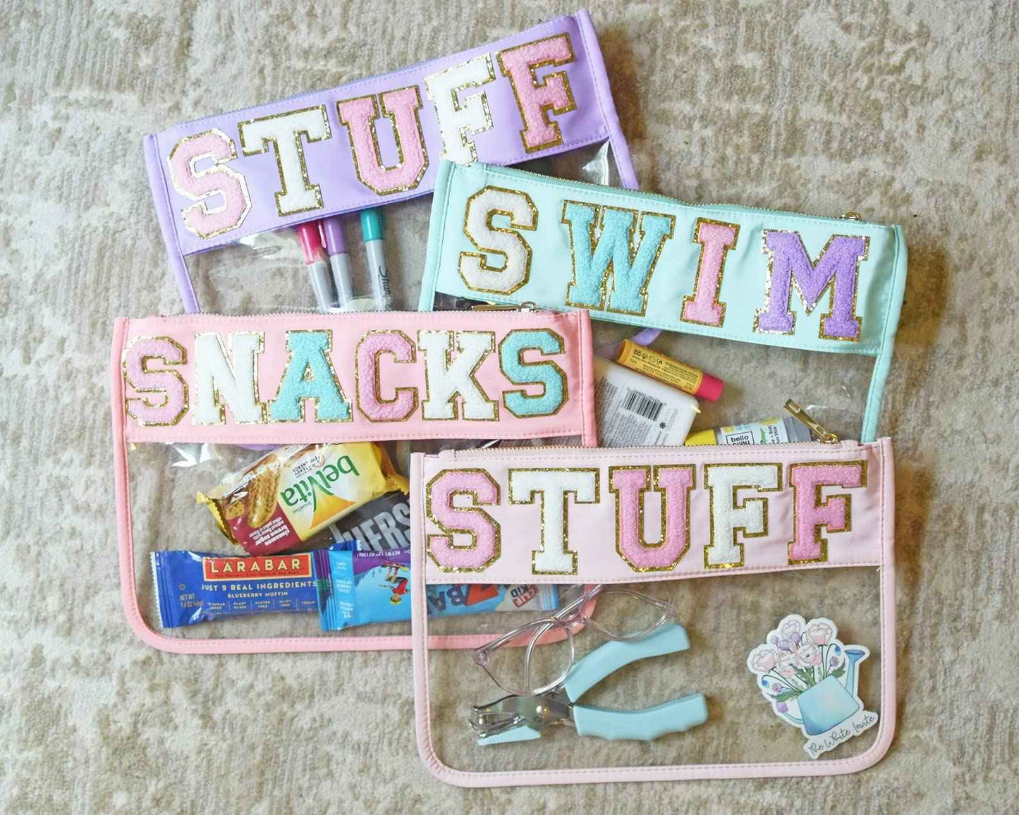 Snack Pouch with Chenille Letters, Snacks Bag for Travel Makeup Bag Cosmetic Pouch Varsity Letter Patches, Vacation Essentials