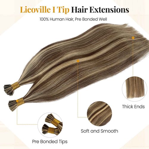 Blonde Highlights I Tip Hair Extensions 50s 50g Pre Bonded Keratin Fusion Itips Hair Extensions #4/613 Medium Brown Mixed Bleach Blonde I Tip Human Hair Extensions 22 Inch