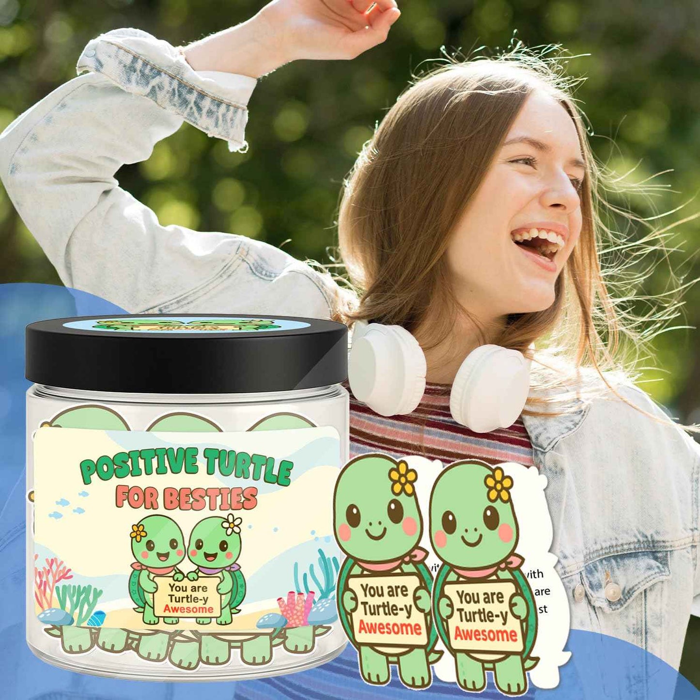 Positive Turtle Jar for Besties – 60 Daily Affirmation Cards, Cute Friendship Gift with Acrylic Keychain & Display Stand, Inspirational Message Jar for Best Friends, Sisters, or Coworkers