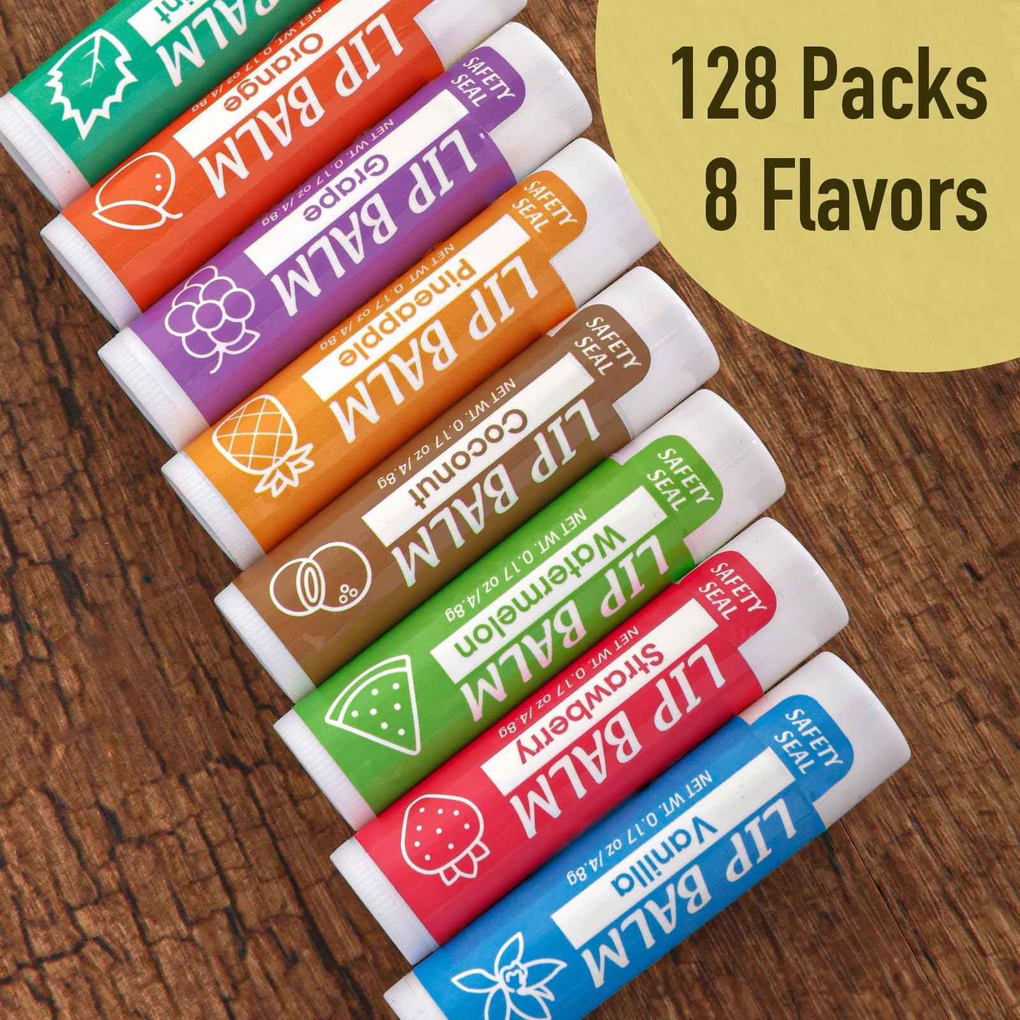 YesBes 128 Pack Lip Balm, Natural Lip Balm Bulk with Vitamin E and Coconut Oil, Moisturizing Lip Balms for Dry Cracked Lips, Lip Balms for Stocking Stuffers - 8 Flavors