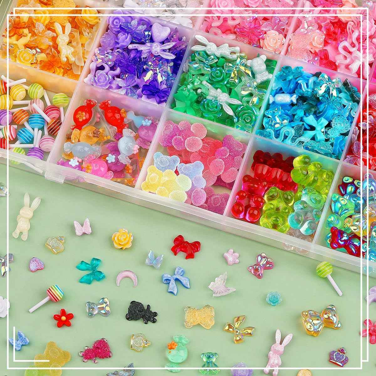 Sinyanail 3D Resin Nail Charms Mix Rabbit Flower Bear Bowknot Nail Accessories Gummy Star Heart Lollipop Acrylic Hollow Heart Beads for Women's Manicure Making DIY Crafts(18 Charms)