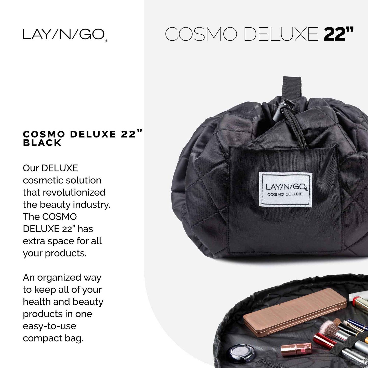 Lay-n-Go Cosmo Layflat Cosmetic & Makeup Bag Organizer - Portable Drawstring Bag w/Zipper Pocket, Brush Storage Loops & More - Durable, Machine Washable Toiletry Bag for Travel (22", Black)