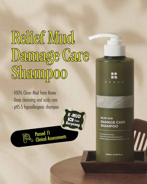 BRMUD Relief Mud Clay Damaged Care Shampoo | ATEEZ Pick | Gentle Damaged Hair Repair Shampoo for Breakage & Thinning Hair w/ 16 Different Plant Oils | for Men & Women (16.9 fl oz)