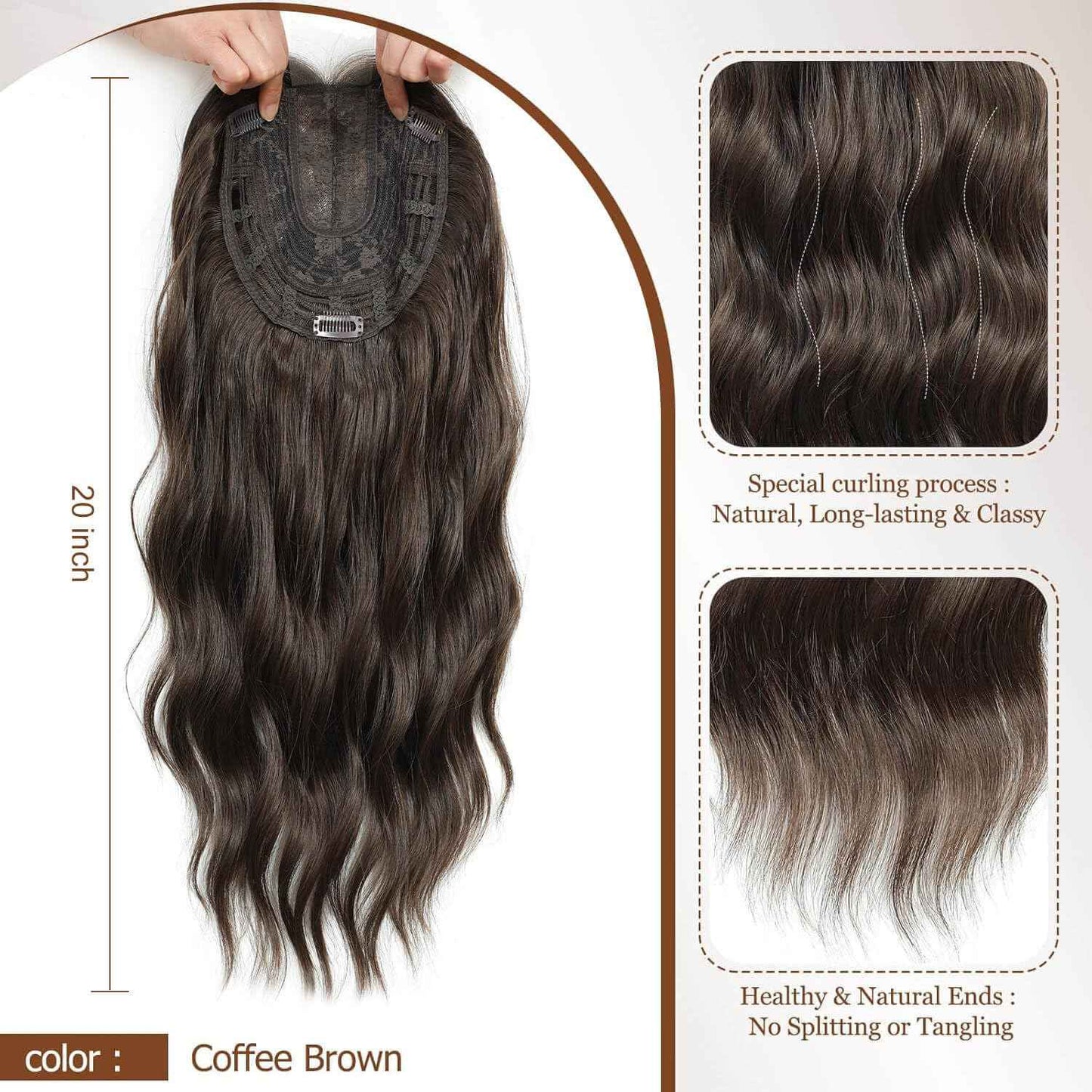 MORICHY Hair Toppers for Women Clip in Hair Topper with Bangs 20inch Coffee Brown Long Wavy Curly Synthetic HairPieces for Women