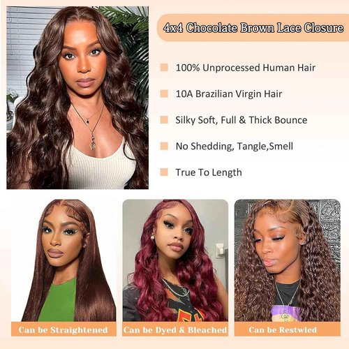 Chocolate Brown Lace Front Closure 4x4 Human Hair 20 Inch Body Wave Transparent Lace High Density Pre Plucked Baby Hair Light Brown Unprocessed Brazilian Virgin Human Hair