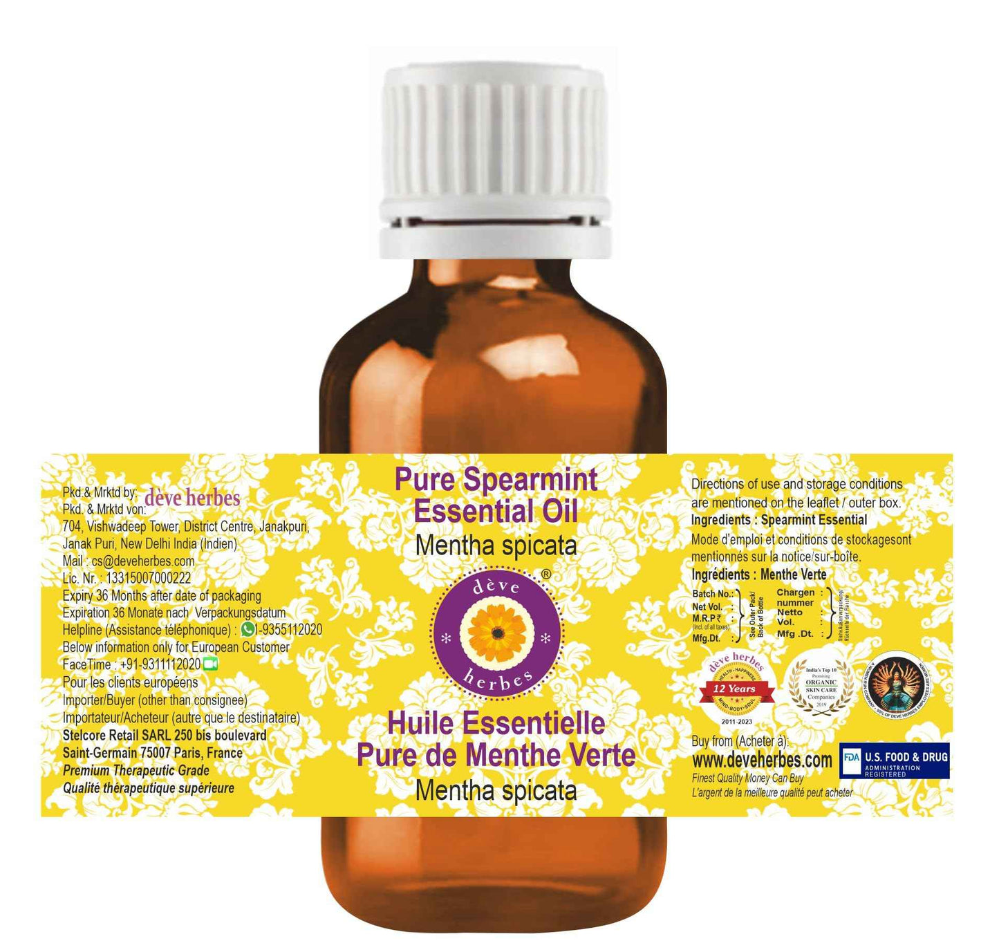 dève herbes Spearmint Essential Oil (Mentha spicata) Pure | Non-Sticky | Non-Greasy | Lightweight | Men & Women | All Skin Types | Steam Distilled 15ml (0.5 oz)