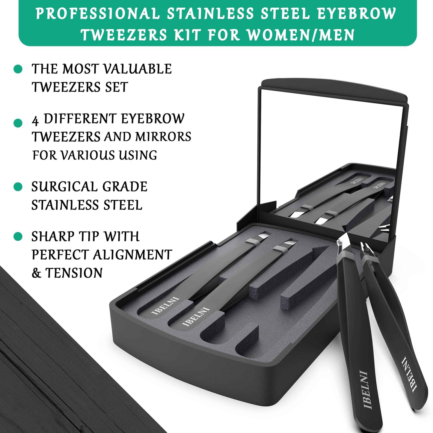 Tweezers Set with Mirror Case - Tweezers for Women facial hair-Professional Twizzers Facial Hair Tweezers for Eyebrows- Stainless Steel Tweezer kit with mirror compact (Black)