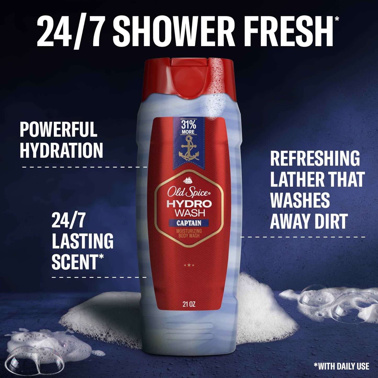 Old Spice Moisturizing Body Wash for Men, Hydro Wash, 2-in-1 Long Lasting Scent & Deep Hydration, 24/7 Shower Fresh, Captain Scent, 21 oz (Pack of 4)