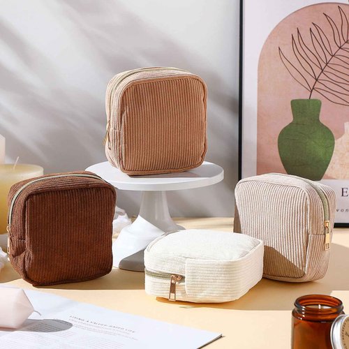 Dansydaisy 4 Pcs Sanitary Napkin Storage Bag Brown Corduroy Period Christmas Bag for Gift School Teen Mini Makeup Preppy Cosmetic Wallet Set for Women Portable First Period Cute Pad Pouch with Zipper