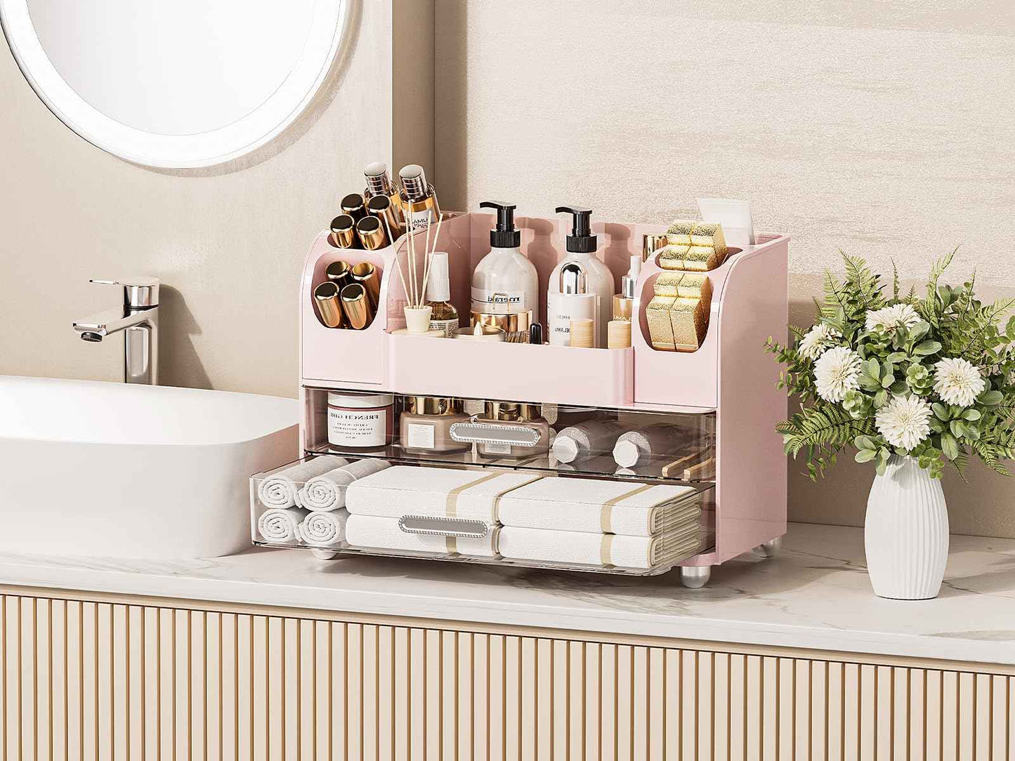Delamu Makeup Organizer Countertop with 6 Brush Holder, Bathroom Countertop Organizer with 2 Large Drawers, Cosmetic Display Case for Vanity, Ideal Christmas Gifts for Women Girls, Pink