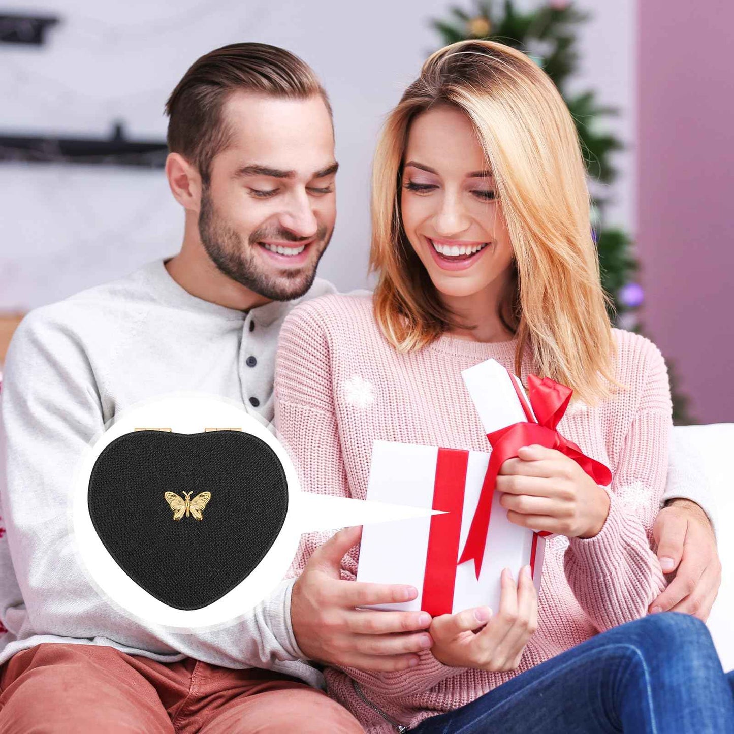 Qianyu Heart Shaped Double-Sided 1X/2X Magnifying Mirror, Compact Folding PU Leather Makeup Mirror, Ultra-Portable for Women Home Office Travel