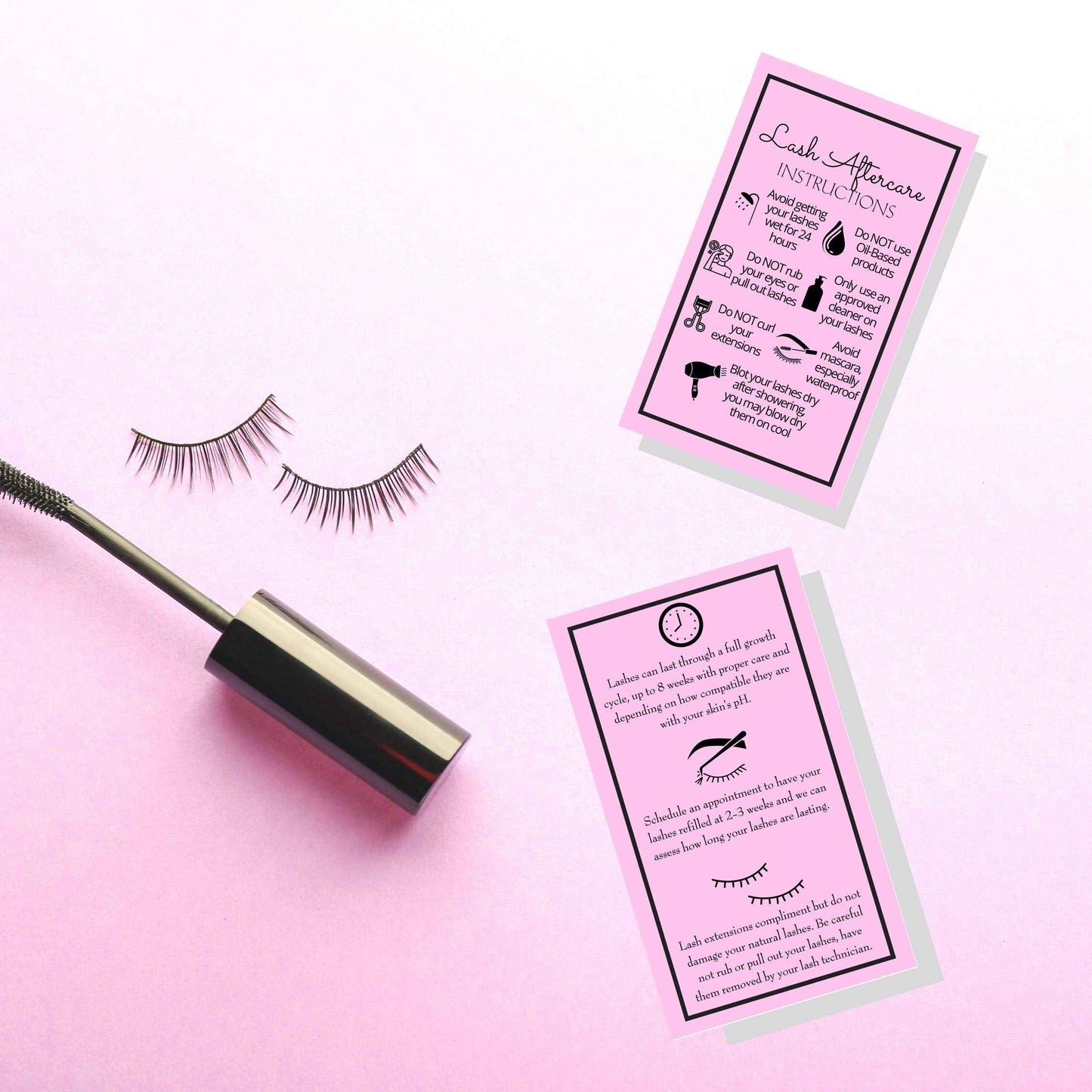 Lash Extension Aftercare Instructions Cards | Package of 250 | Double Sided Size 2x3.5" inches After Care (2-3 Week Fillers) | Bubblegum Pink with Eyelash Extension Aftercare Pictures