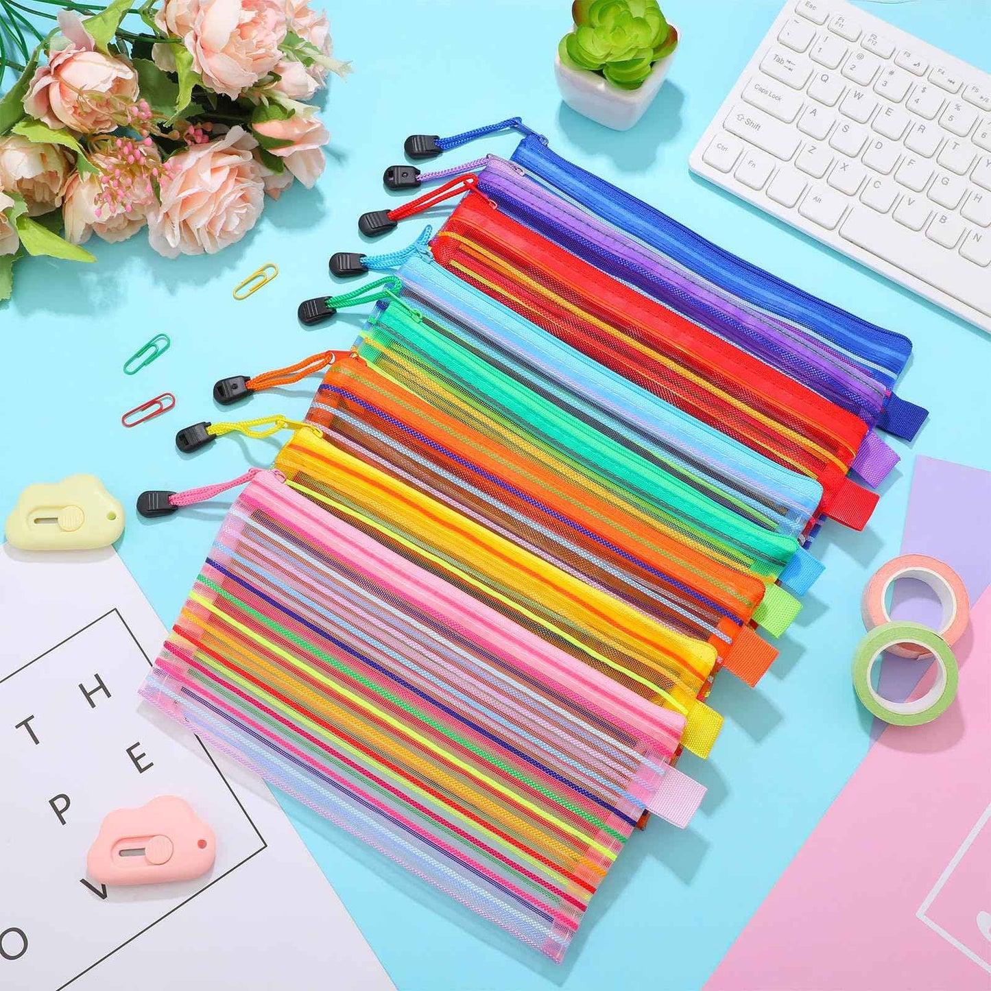Leelosp 80 Pcs Mesh Zipper Pouch Bulk Back to School Pencil Storage Pouch Mesh Cosmetics Bags Toiletry Makeup Bags for Office Travel Organization(Elegant Color,9 x 4.7 Inch)