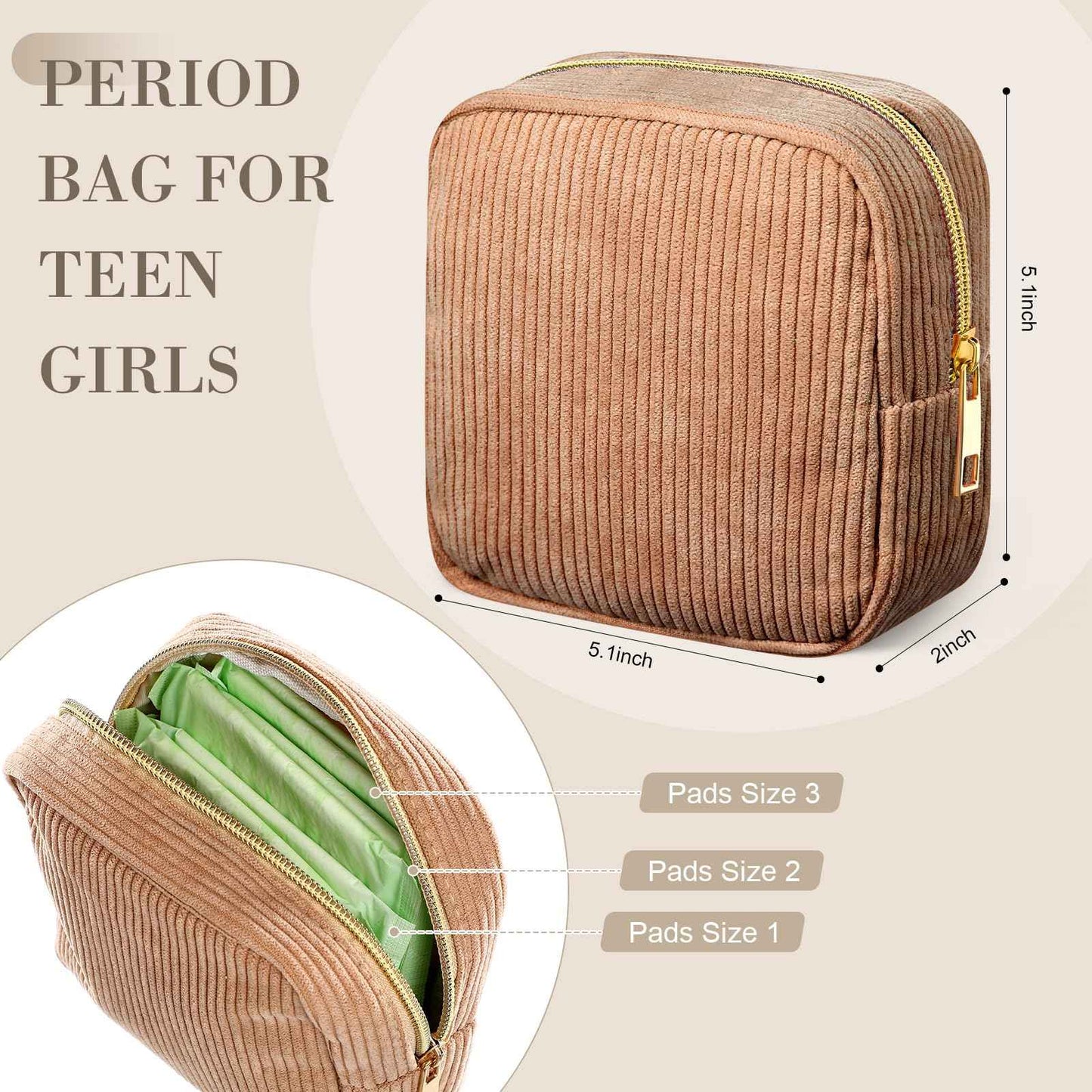 Dansydaisy 4 Pcs Sanitary Napkin Storage Bag Brown Corduroy Period Christmas Bag for Gift School Teen Mini Makeup Preppy Cosmetic Wallet Set for Women Portable First Period Cute Pad Pouch with Zipper