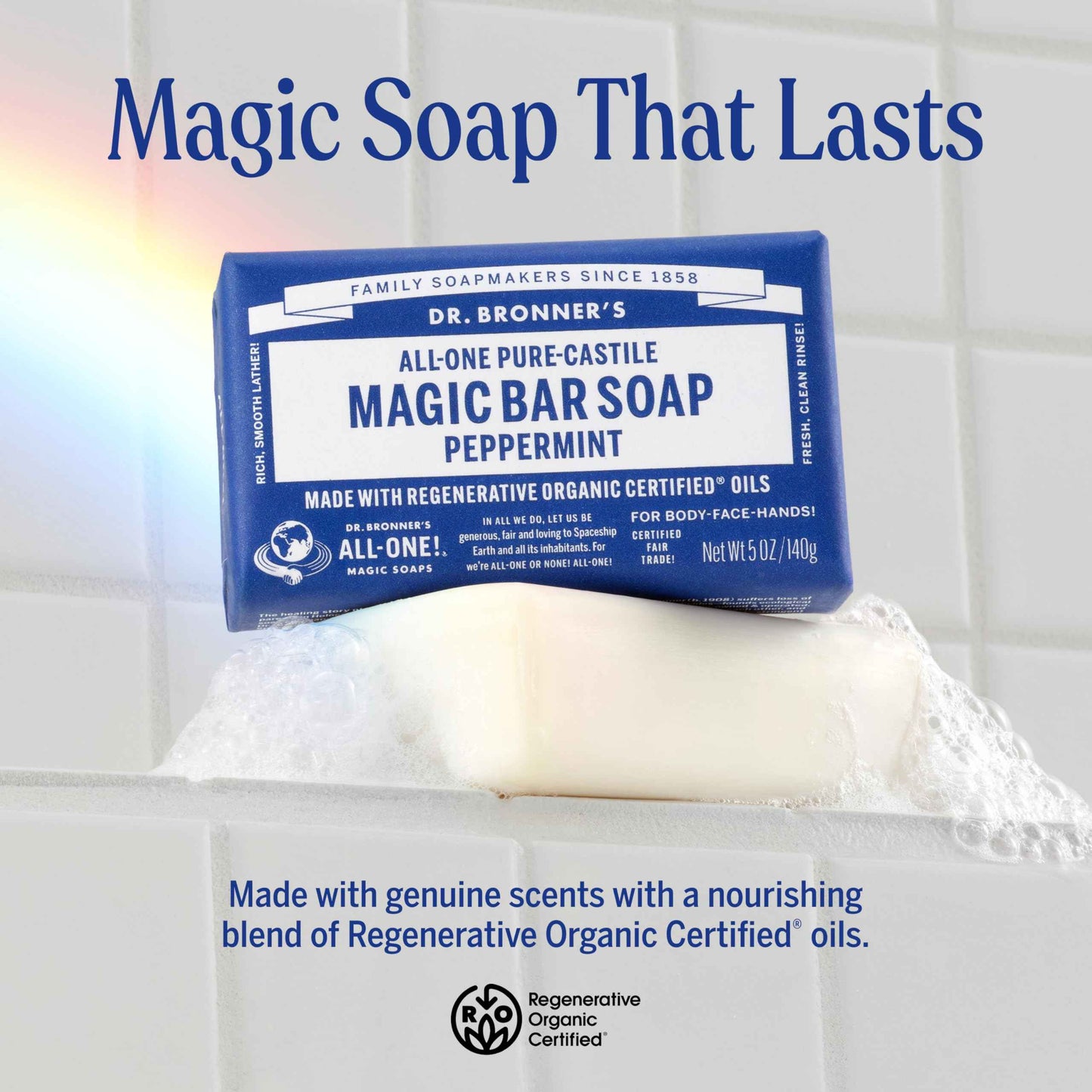 Dr. Bronner's Pure-Castile Magic Soap Bars (Peppermint, 5 oz, 6-Pack) - Made with Regenerative Organic Certified Oils - For Face, Body & Hair - Gentle, Vegan - Bar Soaps for Men & Women