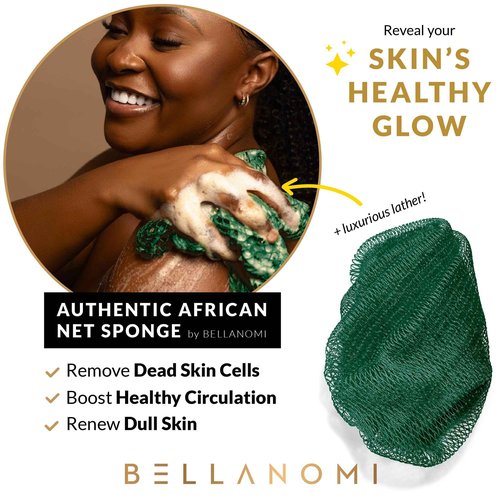 BELLANOMI 4 Piece African Exfoliating Net Sponge Long African Bath Sponge, Authentic Ethically Sourced from Nigeria, Great for Daily Use (Copper Brown, Orange, Green, Yellow)