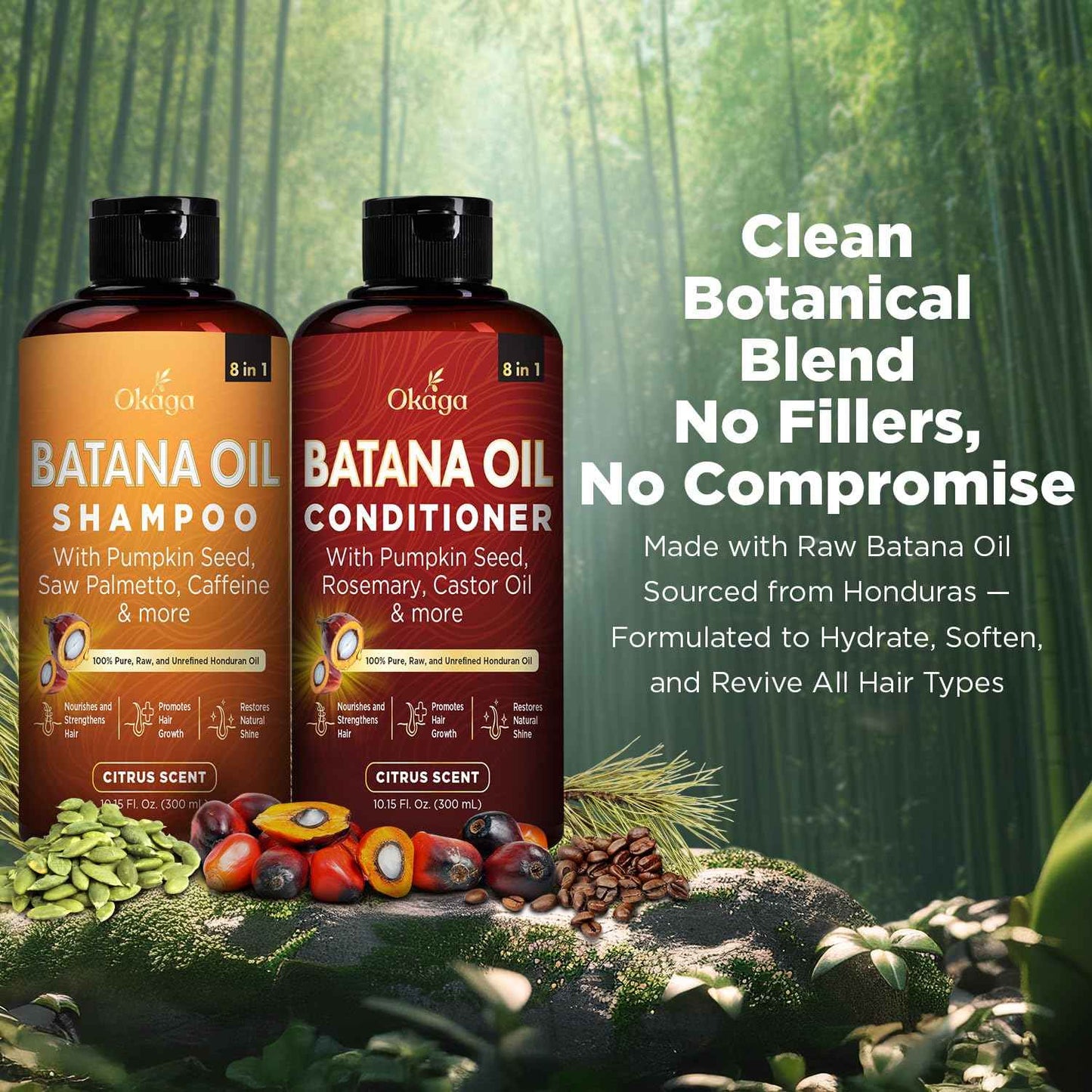 Batana Oil Shampoo & Conditioner Bundle (Okaga Shower Set) with Aloe Vera Leaf Juice, Saw Palmetto, Caffeine, Biotin, Jojoba, Pumpkin Seed, Castor, Rosemary & Hydrolyzed Rice Protein
