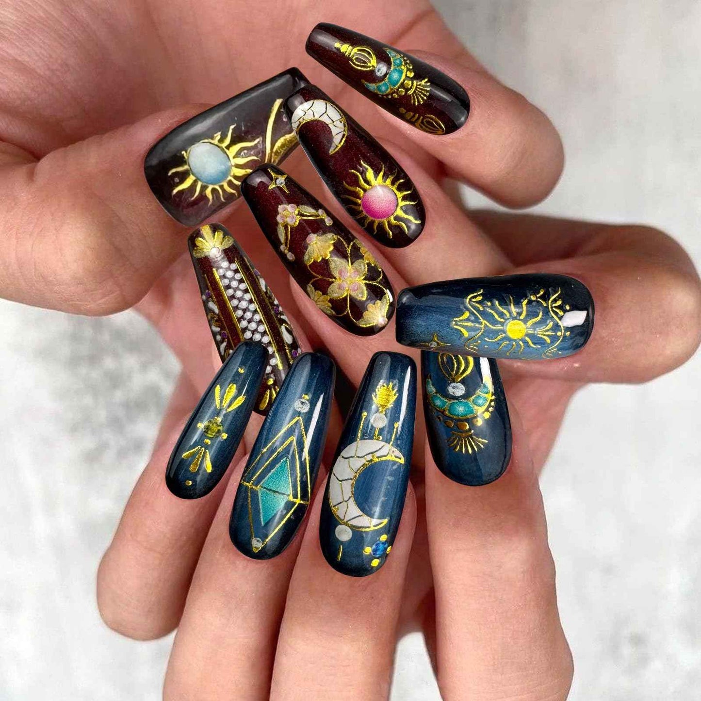 MUIIIGOOD 2 Sheet Sun Moon Stars Boho Nail Stickers Charms for Nail Art 5D Embossed Bohemian Style Floral Nail Decals Metallic Gold Sun Moon Star Luxury Celestial Nail Art Stickers Supplies for Women
