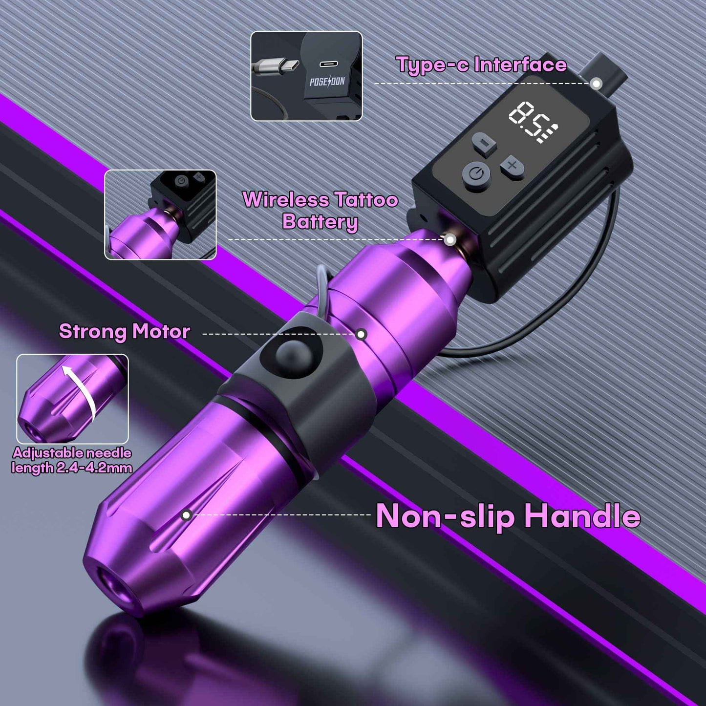 POSEIDON Tattoo Pen Set, Wireless Tattoo Gun Kit Tattoo Kit with 2Pcs Battery and 20Pcs Tattoo Cartridge Needles, Complete Tattoo Machine kit Tattoo Supplies for Beginners