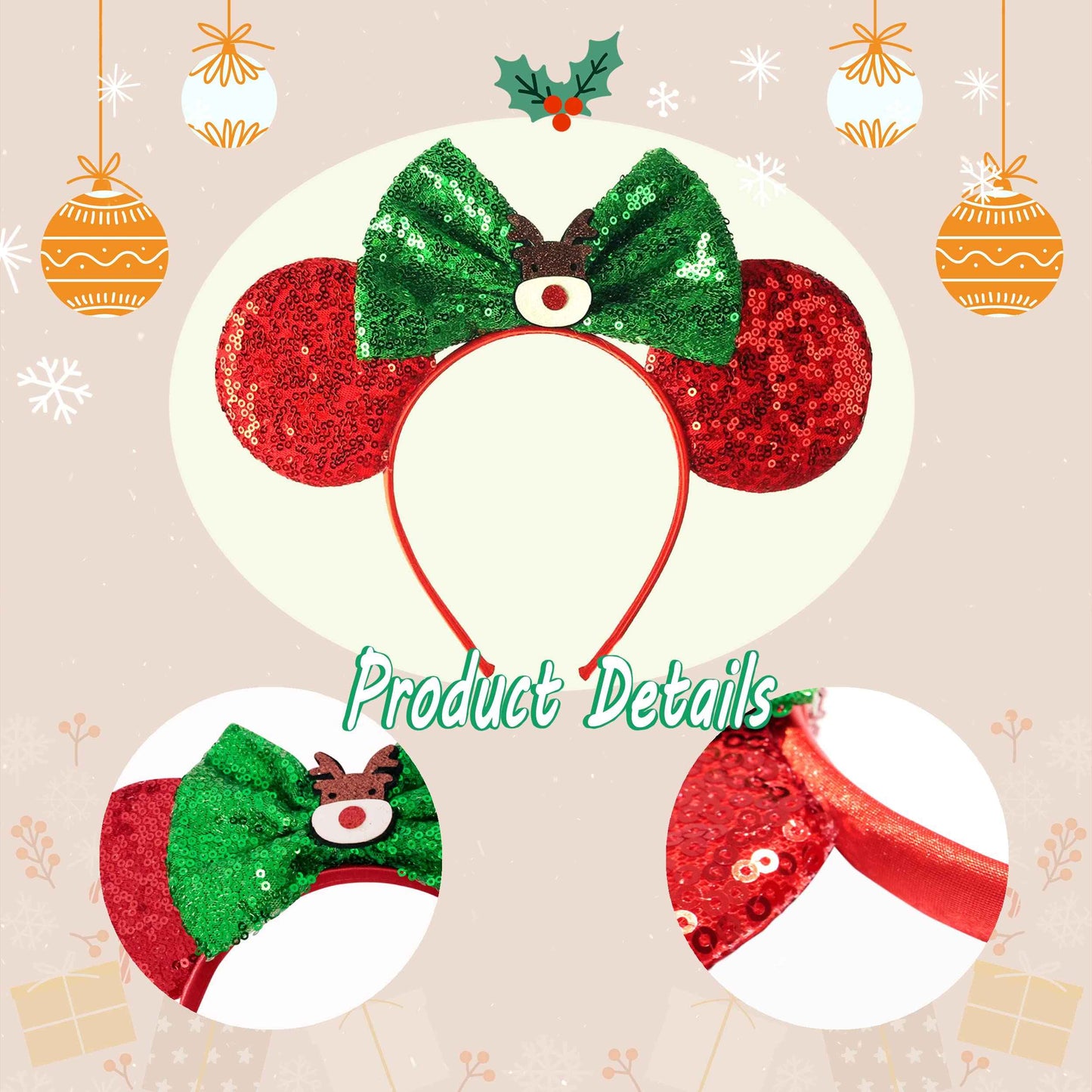 Mannxitzdy 6 Pcs Christmas Mouse Ears Bow Headbands Christmas Tree Hair Hoop Sparkle Mouse Ears Headband for Women Girls Birthday Party