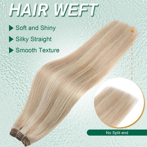 Easyouth Sew in Hair Extensions Real Human Hair Highlight Remy Human Hair Weft Extensions Ash Blonde Highlight Bleach Blonde Weft Human Hair Extension for Women 14 Inch 70G
