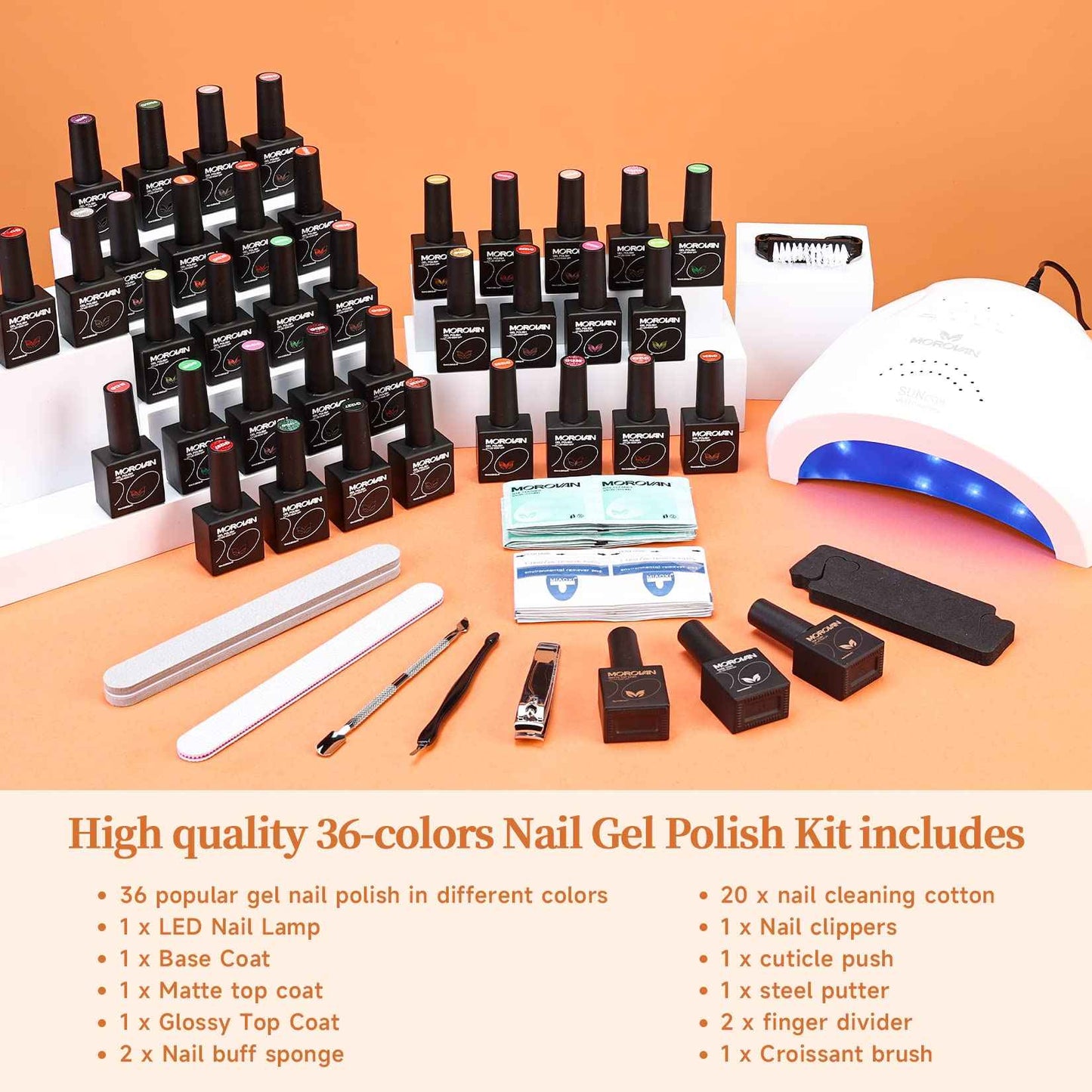 Morovan Gel Nail Polish Set - 36 Colors With UV Light, 48W Lamp, Base & Top Coats, Tools, Pure & Glitter Soak Off Kit, Large Capacity Manicure Starter Set, Gifts for Women
