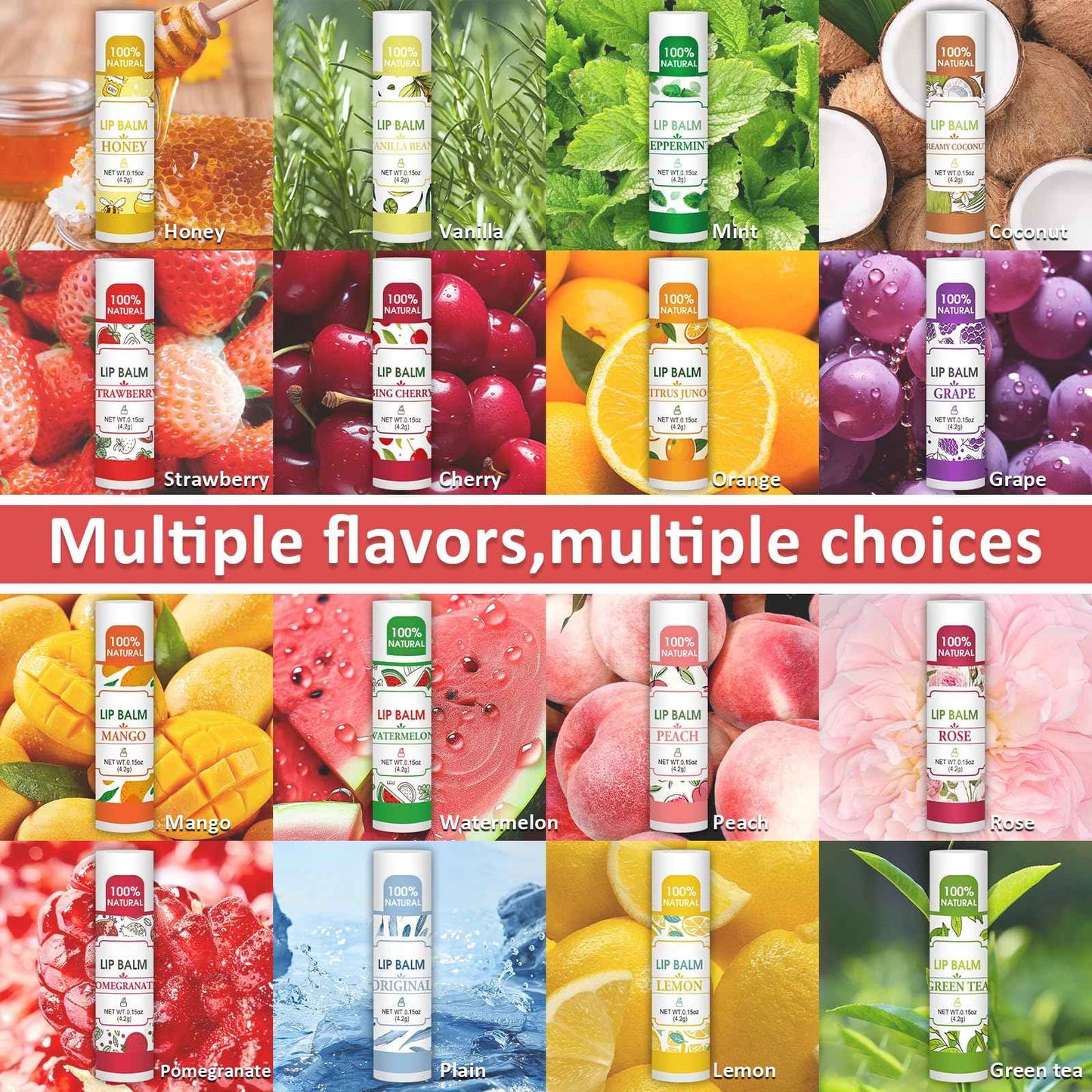 VISRIE 64 Pack Lip Balm, Natural Lip Balm Bulk with Vitamin E and Coconut Oil, Bulk Moisturizing Lip Balms for Dry Lips-16 Flavors