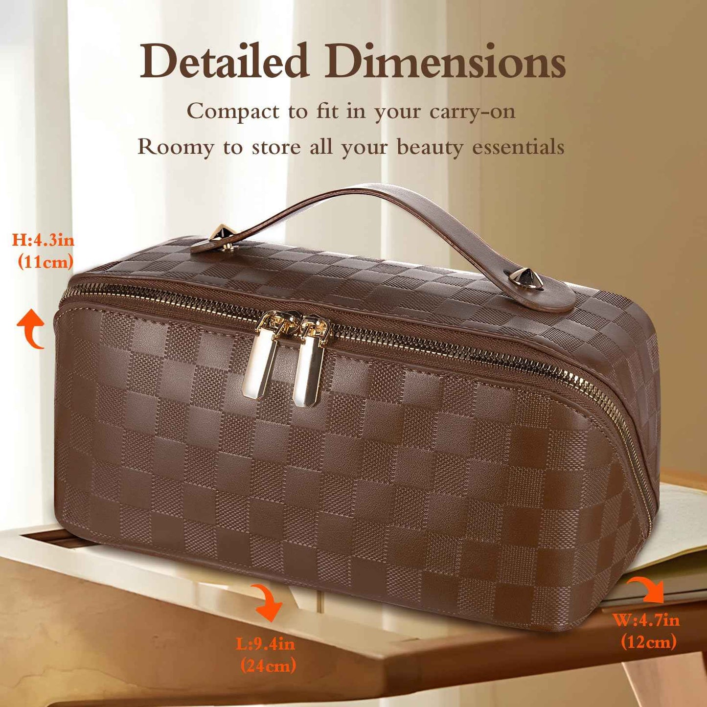 Abiudeng Travel Makeup Bag,Large Capacity Toiletry Bag Cosmetic Bags for Travel Essentials,Waterproof Portable Pouch Open Flat Makeup bag Organizer with Divider and Handle(Checkered-Brown)