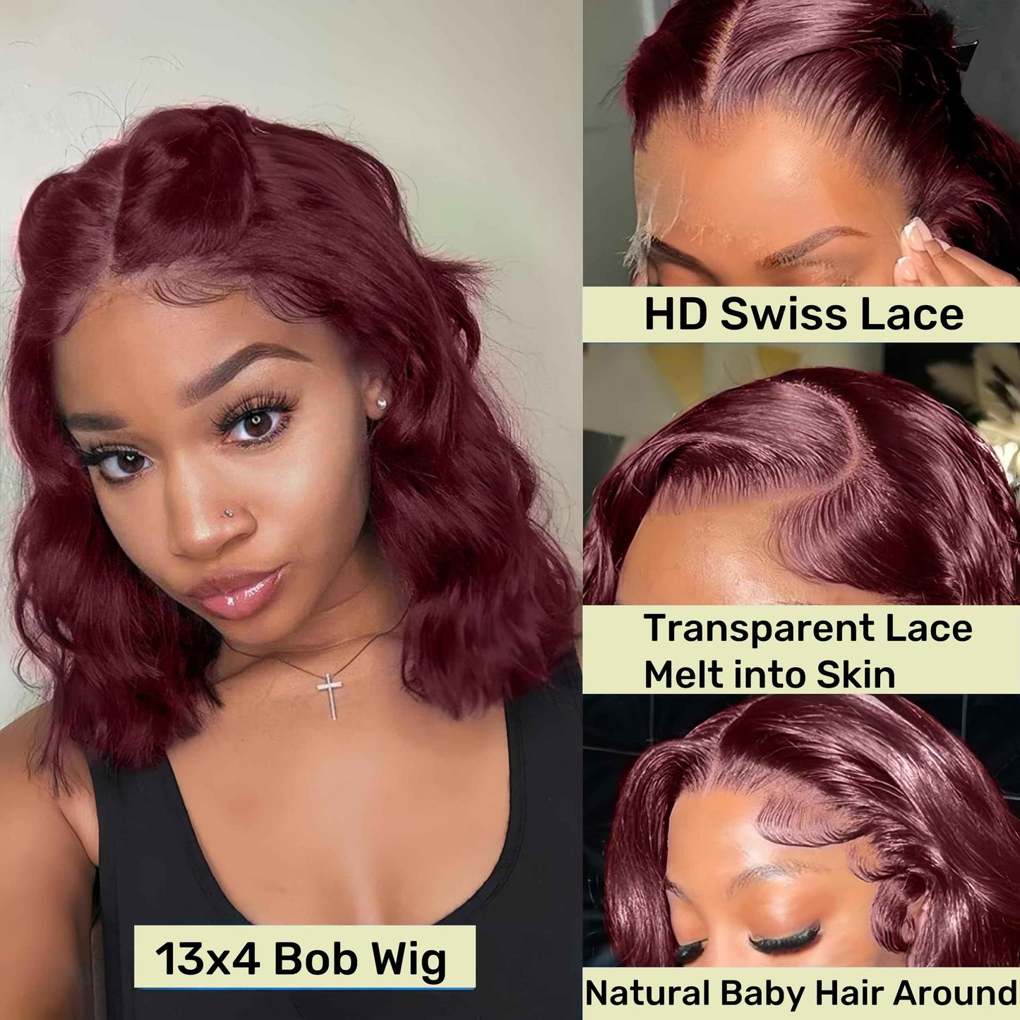99j Burgundy Lace Front Wigs Human Hair Bob Wig Human Hair 200% Density 13x4 Body Wave Lace Front Wig Pre Plucked Wine Red Wigs Human Hairs Short Bob Wig for Women 10 Inch
