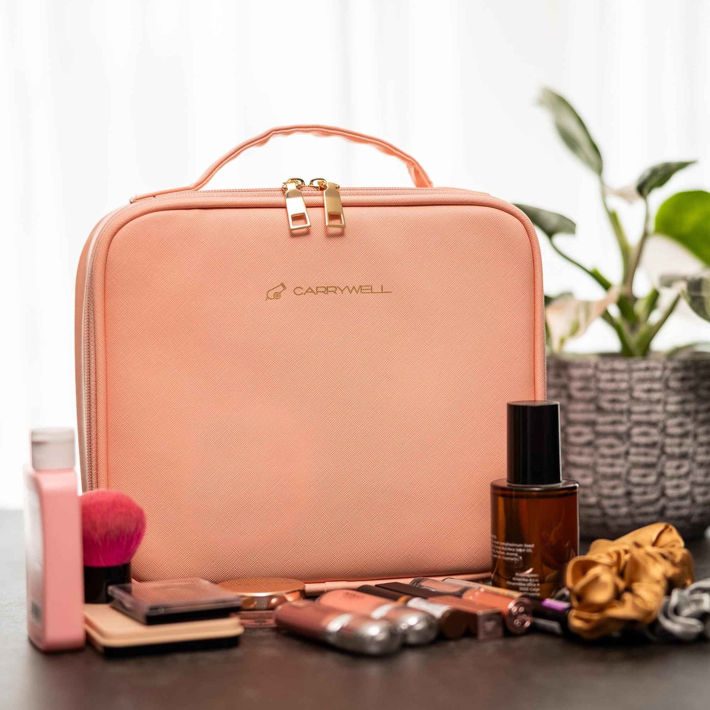 (Not Made In China) Makeup Bag Travel Case, Train Case for Cosmetics, Portable Beauty Organizer, Cosmetic Storage Bag With Adjustable Dividers For Make Up and Brushes