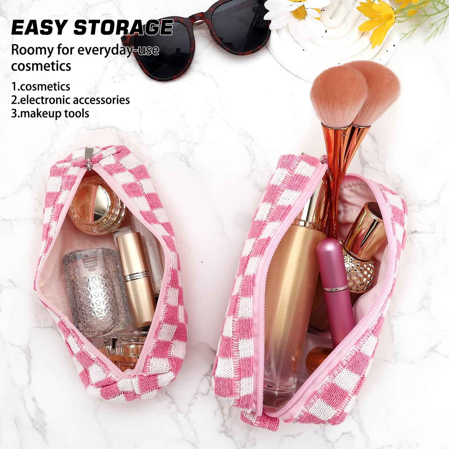 ZLFSRQ 2Pcs Checkered Pencil Case Cute Pencil Pouch for Teens Pink Checkered Makeup Bag Travel Cosmetic Bag Set Cute Preppy Makeup Pouch for Purse Portable Zippered Skincare Toiletry Bags Organizer