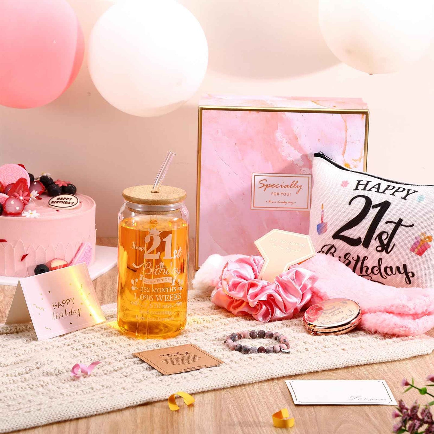 Yungyan 9 Pcs 21th Birthday Gifts for Her Bday Gift Basket Include Makeup Bag 18 oz Glass Cup Socks Keychain Thank You Card Funny Unique Present for Mom Women Female Daughter Born in 2004, 21 Fabulous