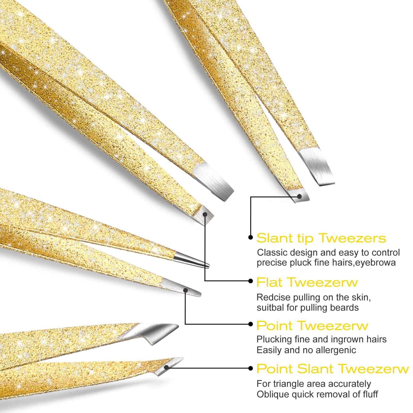 FungChoi 4-Pcs Glitter Stainless Steel Precision Tweezer Set for Eyebrows, Ingrown Hair & Lash Extensions (Gold)