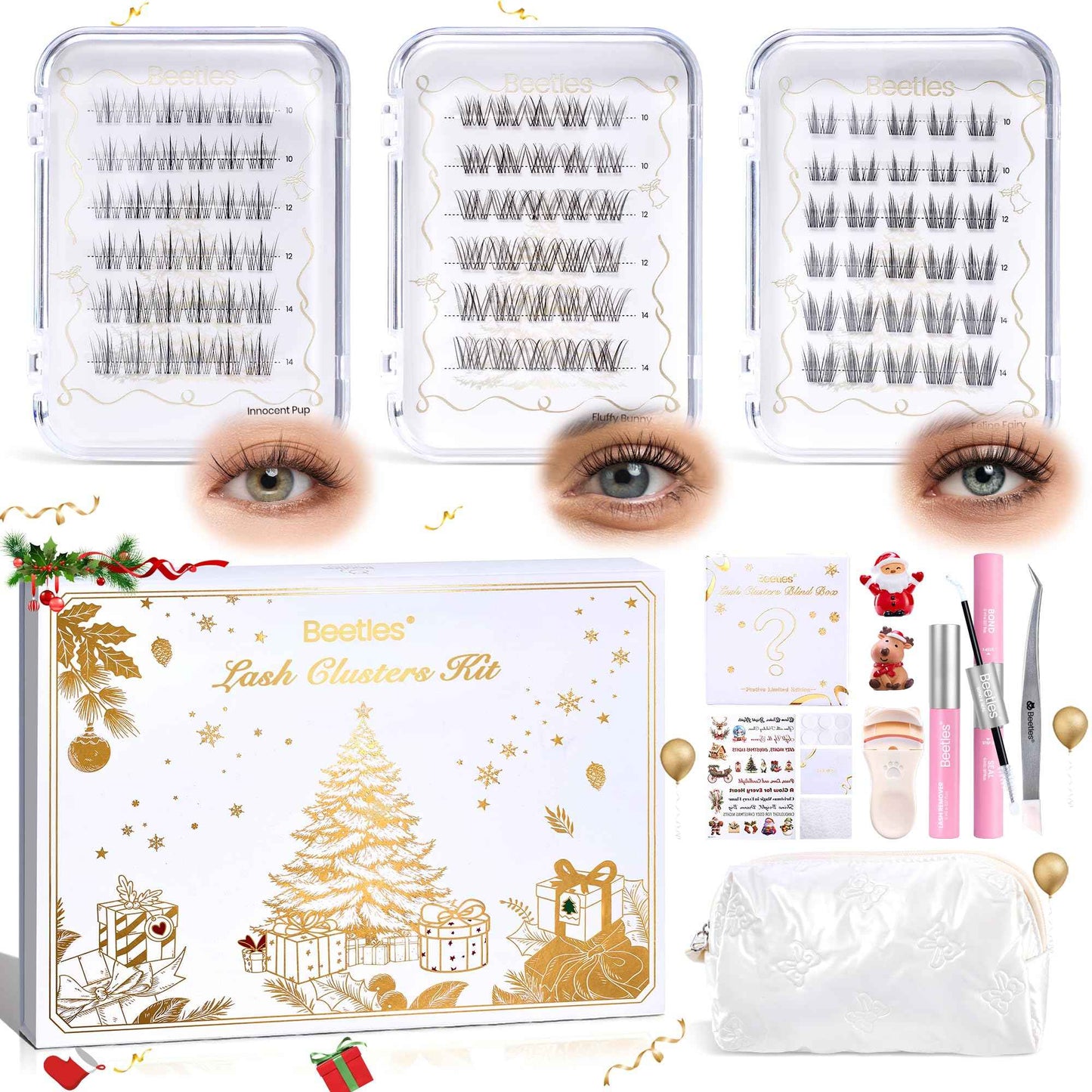 Beetles Christmas Lash Clusters Kit – DIY Eyelash Clusters Gift Set with Bond & Seal, Remover, Stickers & Makeup Bag, 3 Styles and 1 Random Holiday Style Lashes Beginner-Friendly Gift for Women