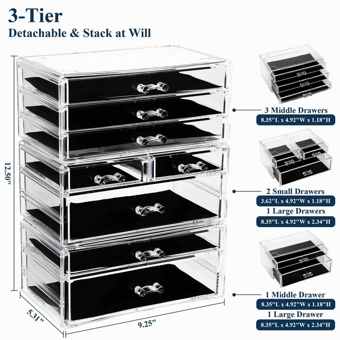 Sea Team 3-Tier Stackable Clear Makeup Organizer with Drawers, Acrylic Plastic Cosmetic Display Case, Jewelry Storage Box, Holder for Dresser, Bathroom, Vanity, Countertop (8 Drawers)